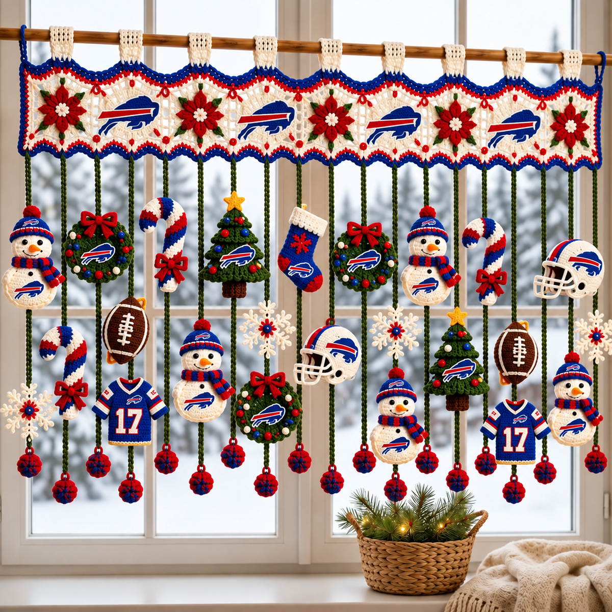 BUF x NFL Christmas Crochet Window Valance β Football Snowman Wreath Holiday Decor