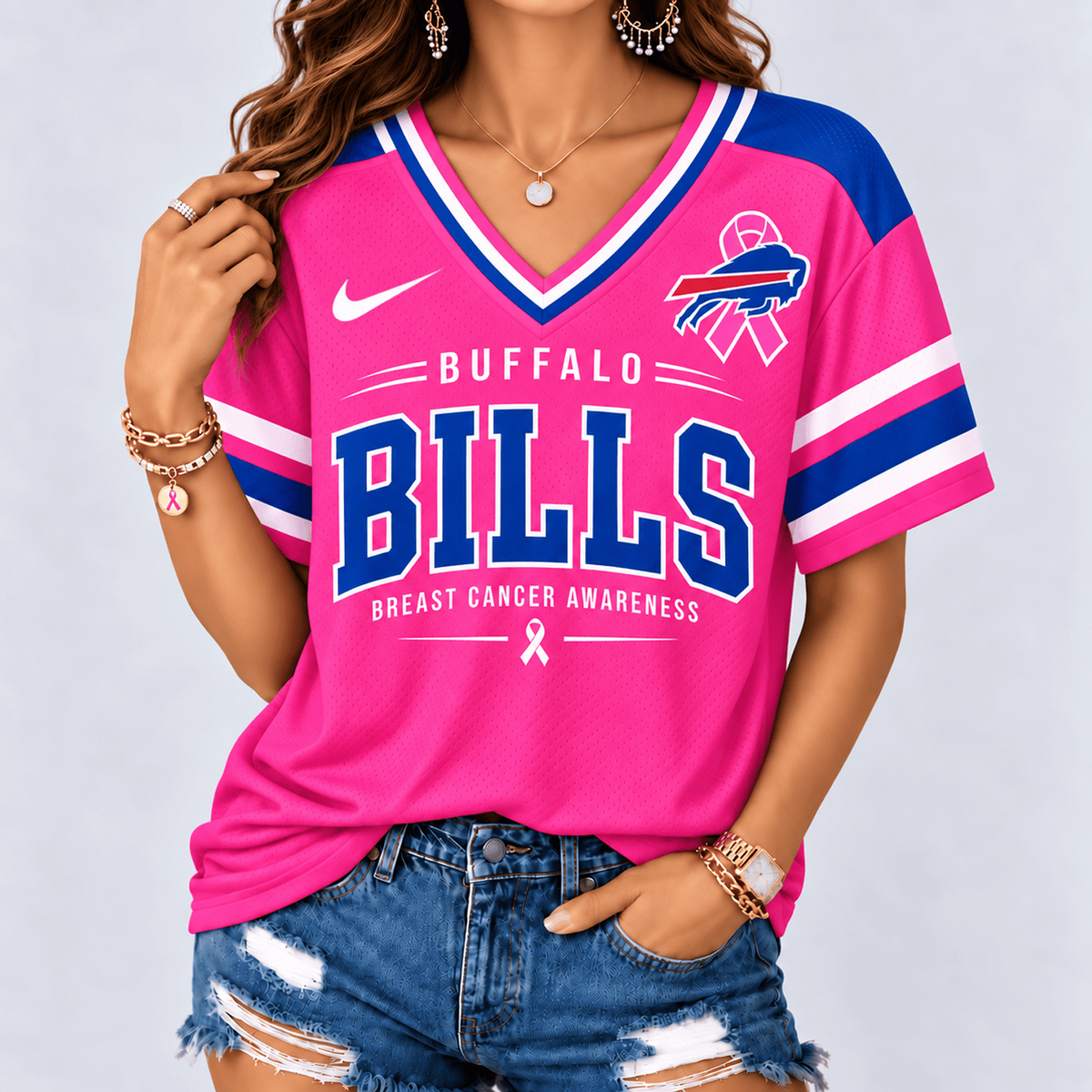 BUF x NFL Pink Breast Cancer Awareness V-neck Shirt