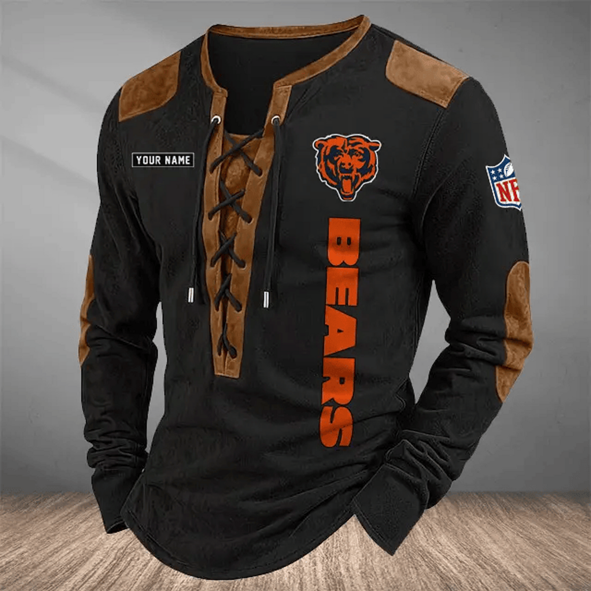 CHI x NFL Custom Name Vintage Henley Long Sleeve Shirt