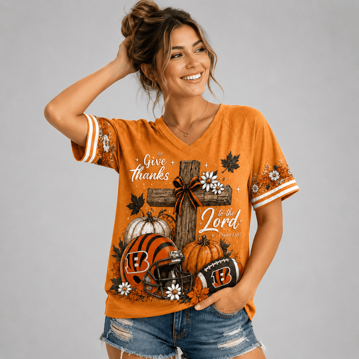 CIN Premium NFL Thanksgiving Faith And Football V-Neck Shirt