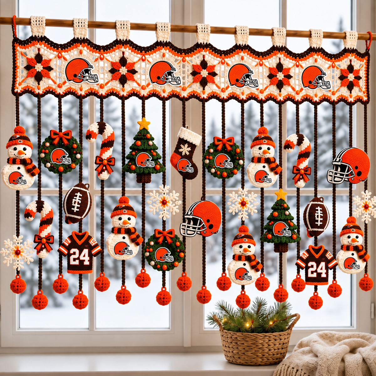 CLE x NFL Christmas Crochet Window Valance β Football Snowman Wreath Holiday Decor