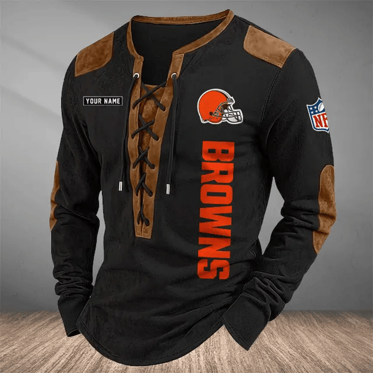 CLE x NFL Custom Name Vintage Henley Long Sleeve Shirt
