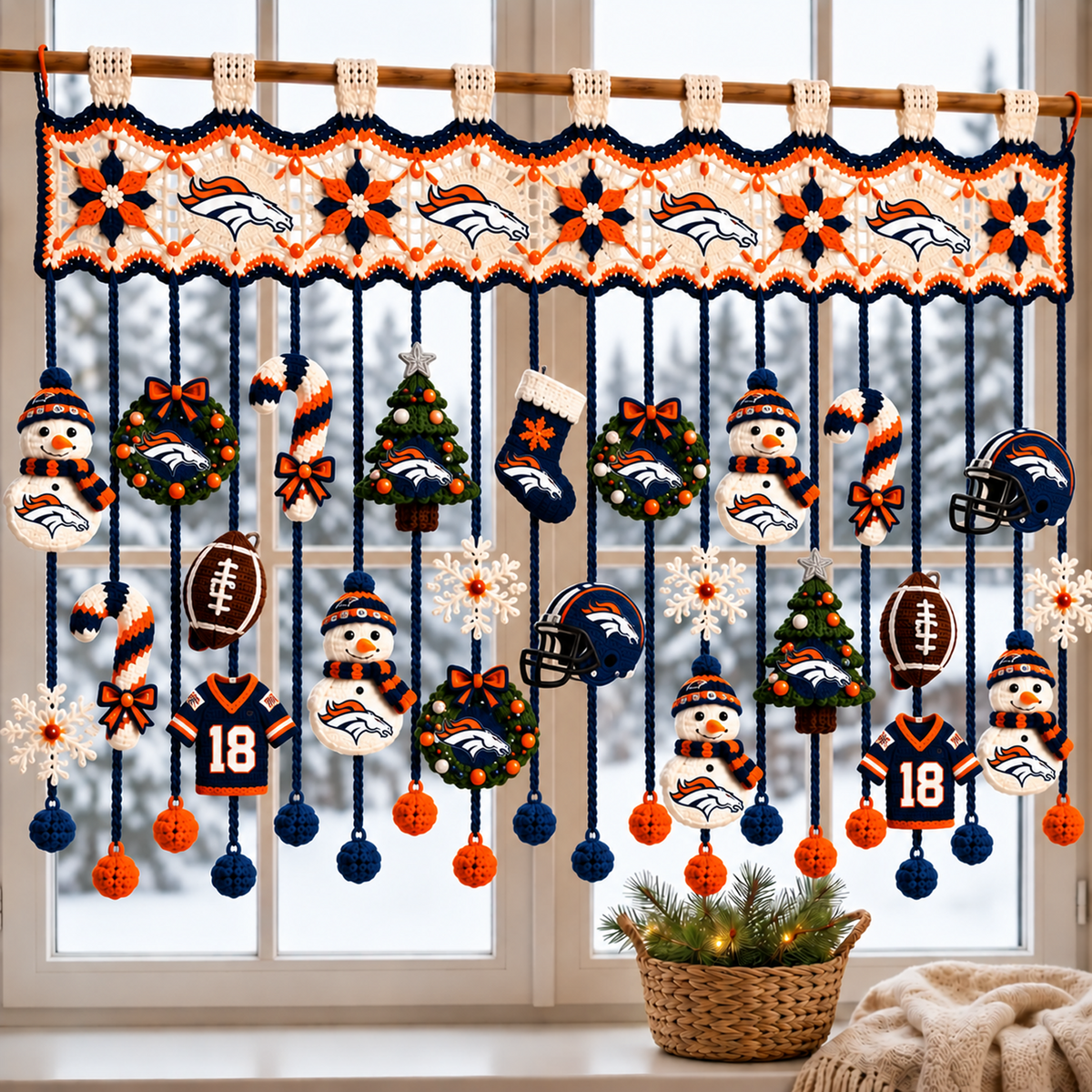 DEN x NFL Christmas Crochet Window Valance β Football Snowman Wreath Holiday Decor