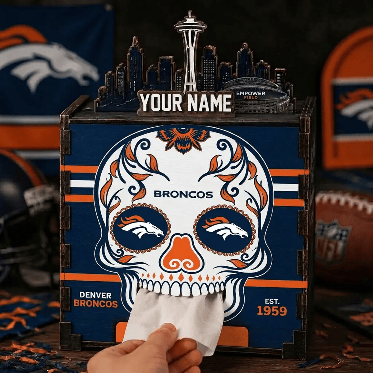 DEN x NFL Personalized Wooden Tissue Box – Custom Name Gift