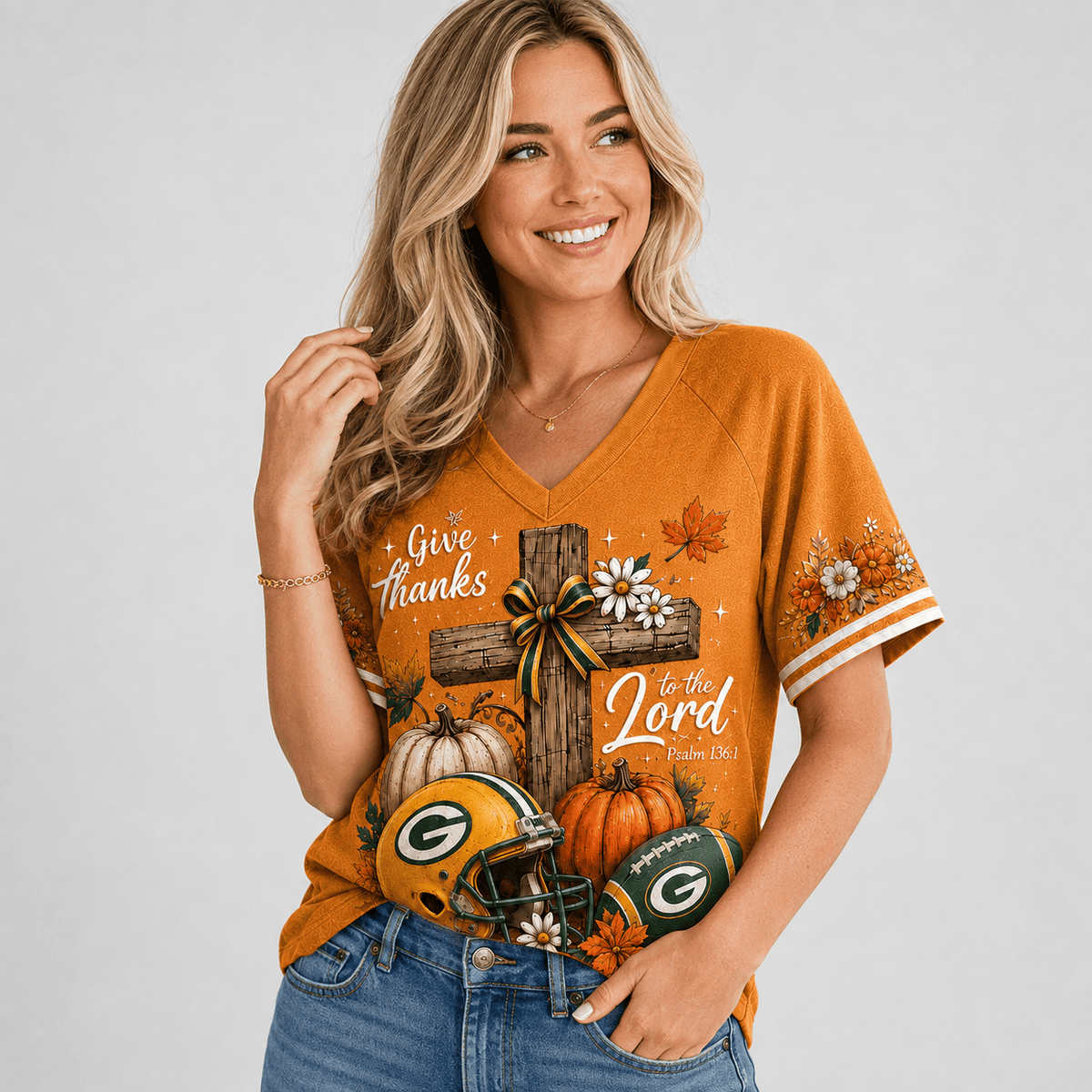 GBP Premium NFL Thanksgiving Faith And Football V-Neck Shirt