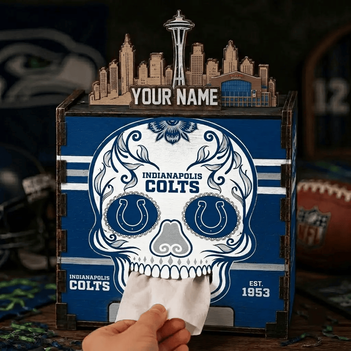 IND x NFL Personalized Wooden Tissue Box – Custom Name Gift