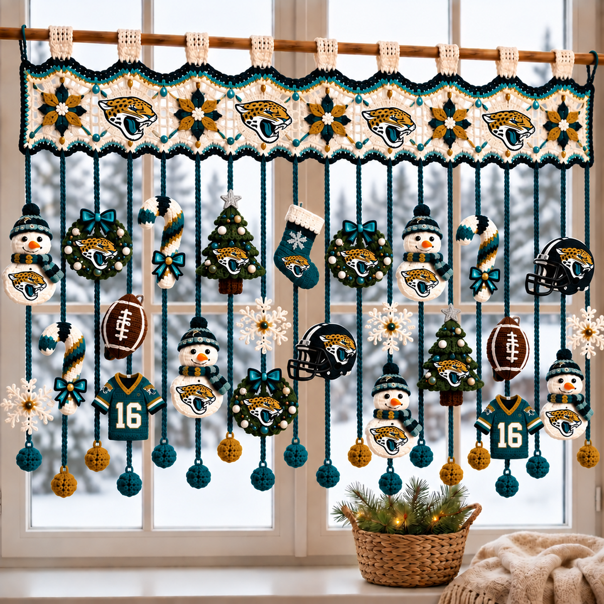 JAC x NFL Christmas Crochet Window Valance β Football Snowman Wreath Holiday Decor