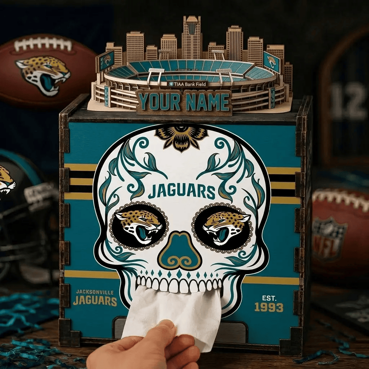 JAC x NFL Personalized Wooden Tissue Box – Custom Name Gift