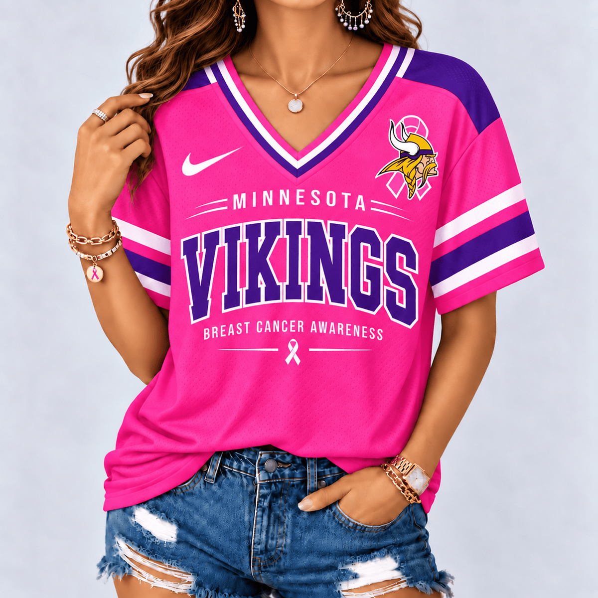 MIN x NFL Pink Breast Cancer Awareness V-neck Shirt