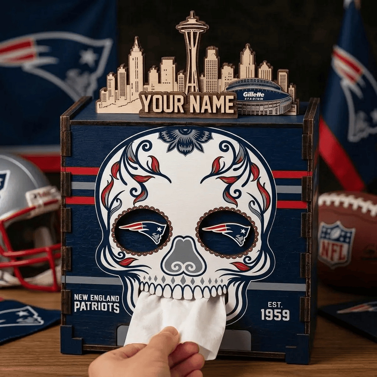 NE x NFL Personalized Wooden Tissue Box – Custom Name Gift
