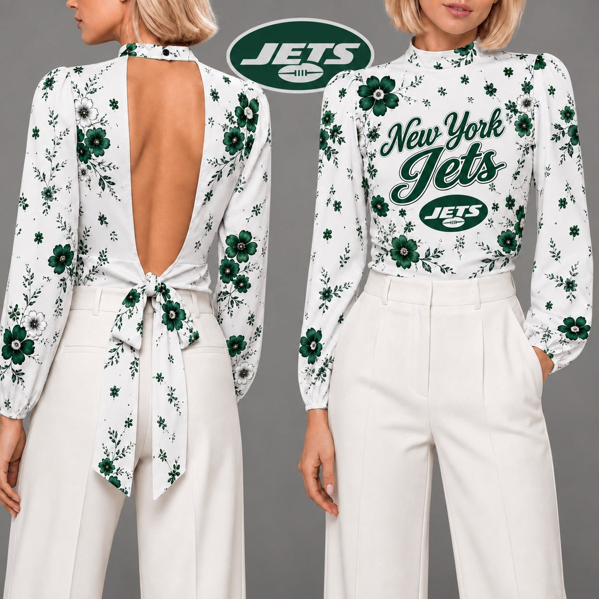 NYJ Premium NFL Floral Backless Long Sleeve Shirt