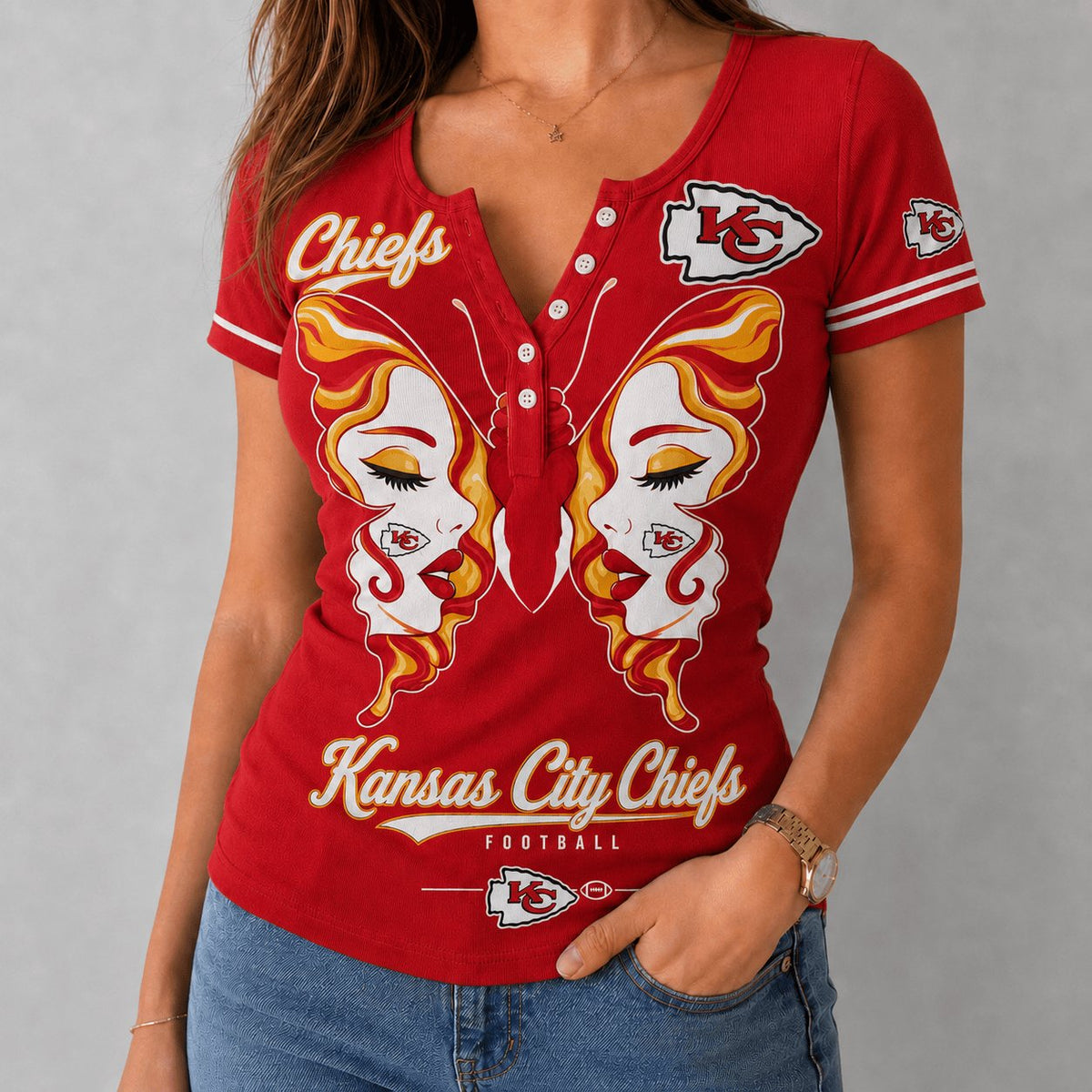 PREMIUM NFL X KC EXCLUSIVE Butterfly Wings Button V-Neck Shirt Limited Edition