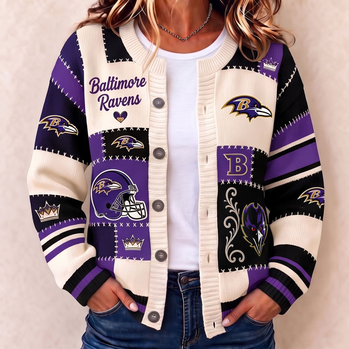 Premium BAL x NFL Patchwork Knit Varsity Cardigan