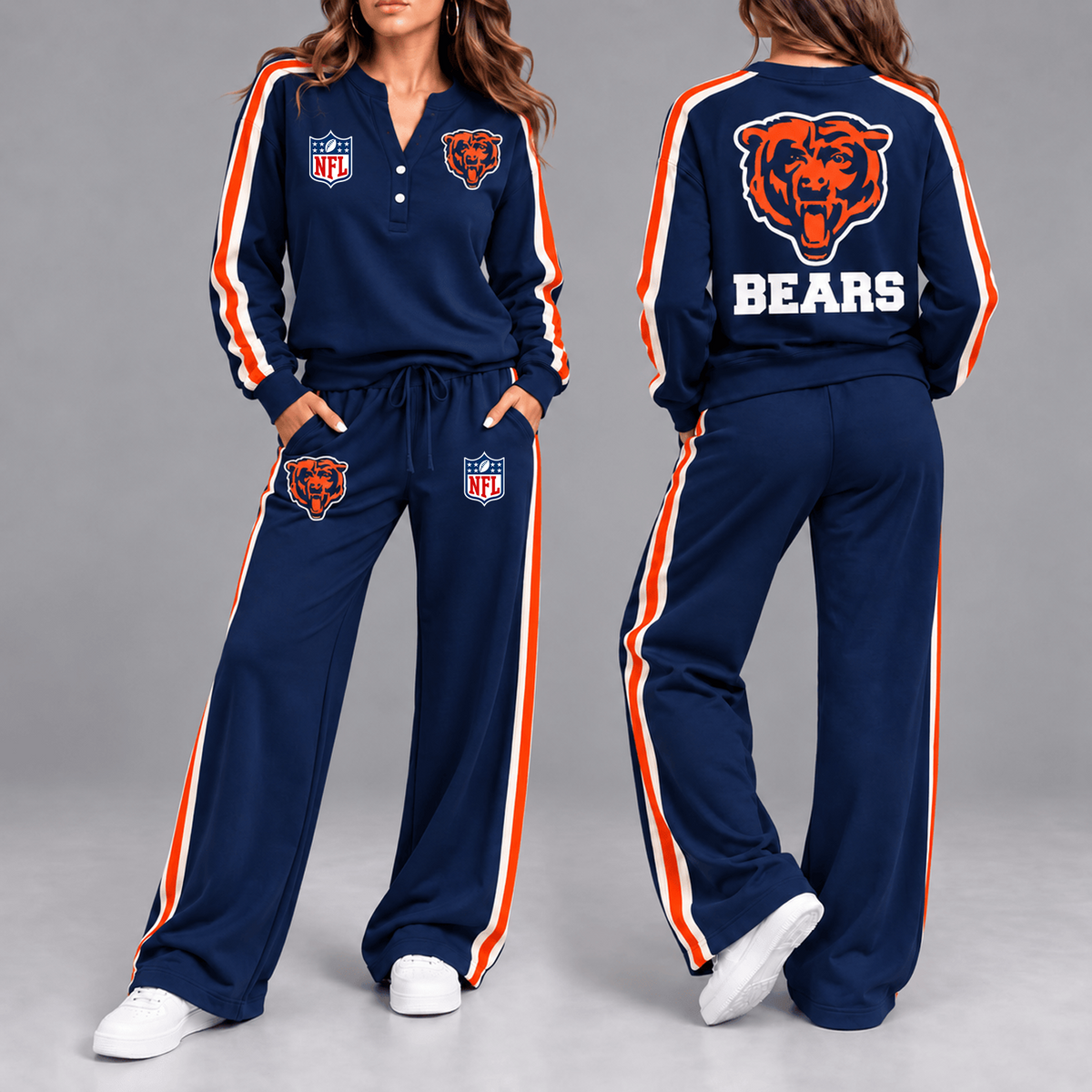 Premium NFL x CHI Game Day Sporty Stripe Long Sleeve Pullover Top & Wide-Leg Pants Set