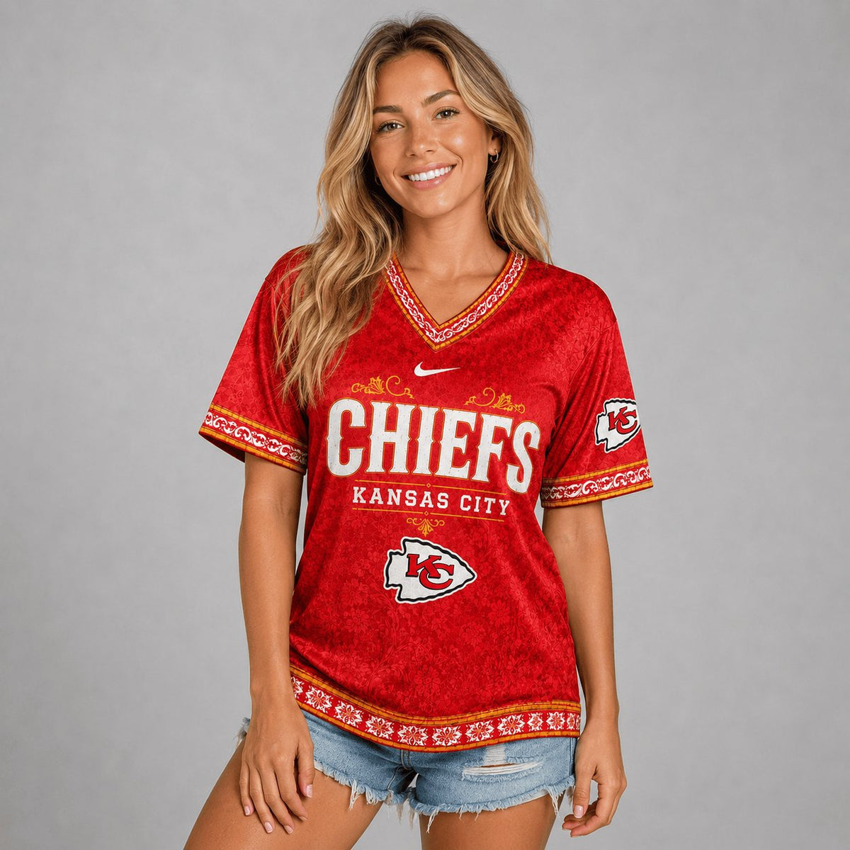 SIGNATURE NFL X KC EXCLUSIVE WOMEN CLASSIC FLORAL SATIN SHIRT LIMITED EDITION