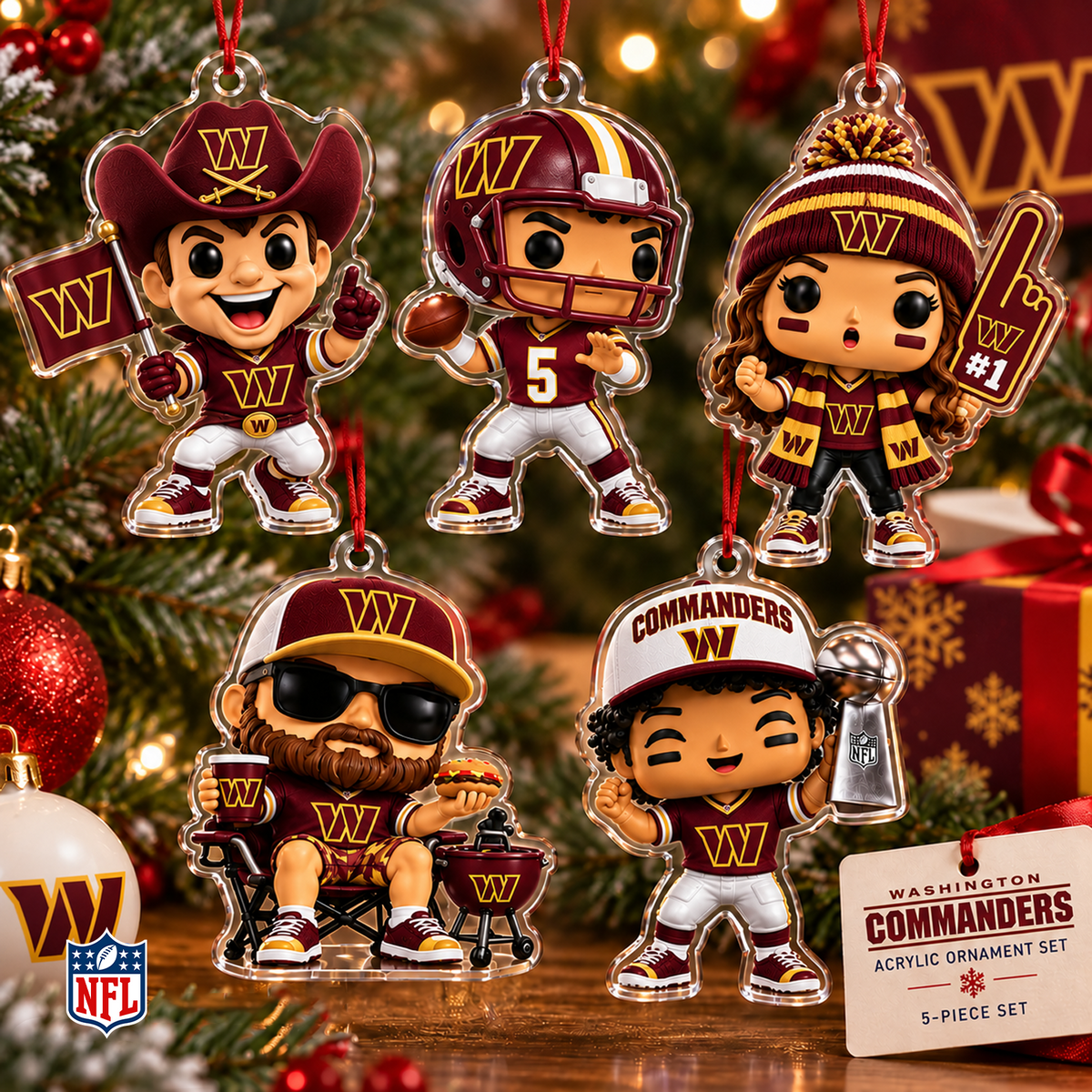 WAS x NFL Christmas KICKOFF Personalized Set 5 Acrylic Ornament