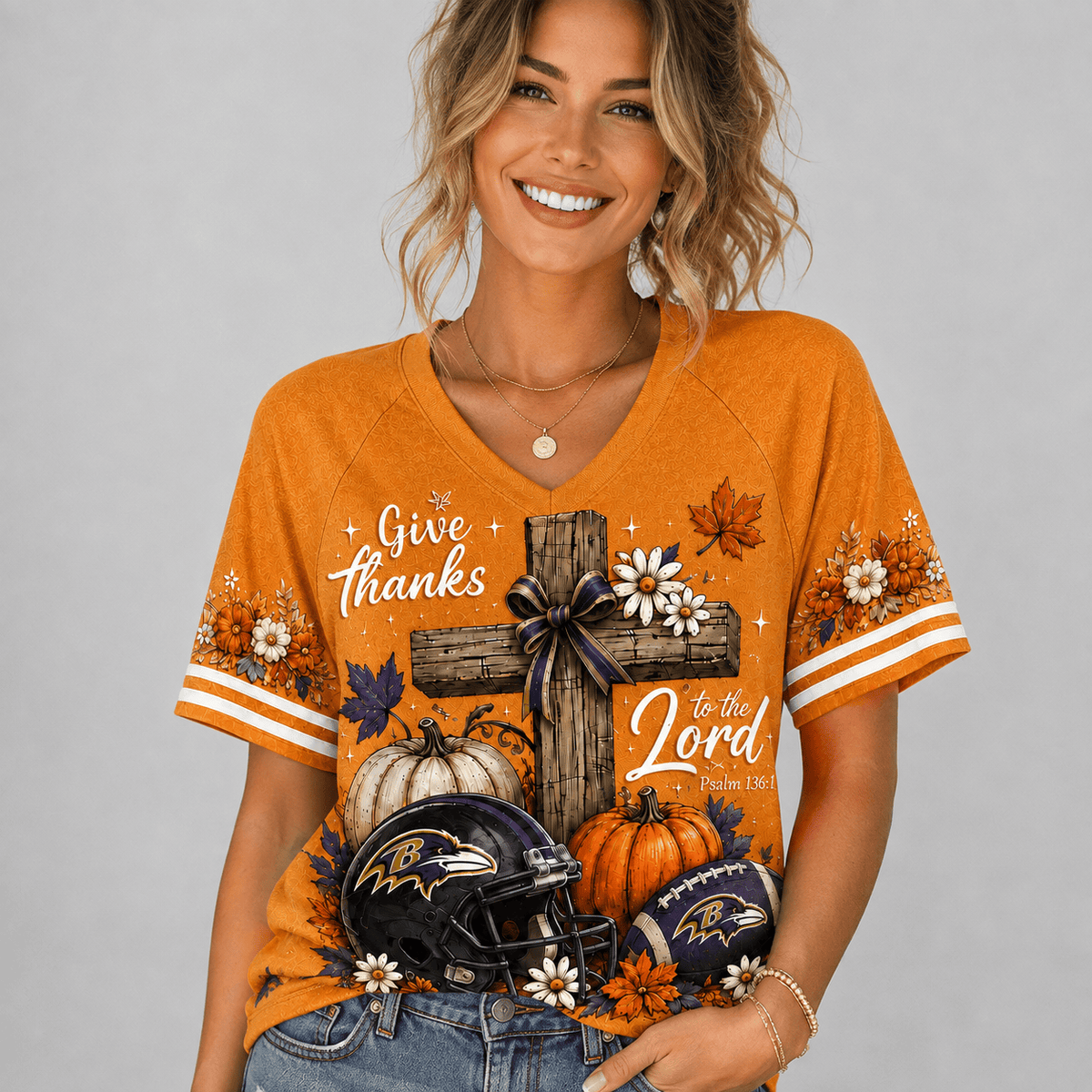 BR Premium NFL Thanksgiving Faith And Football V-Neck Shirt