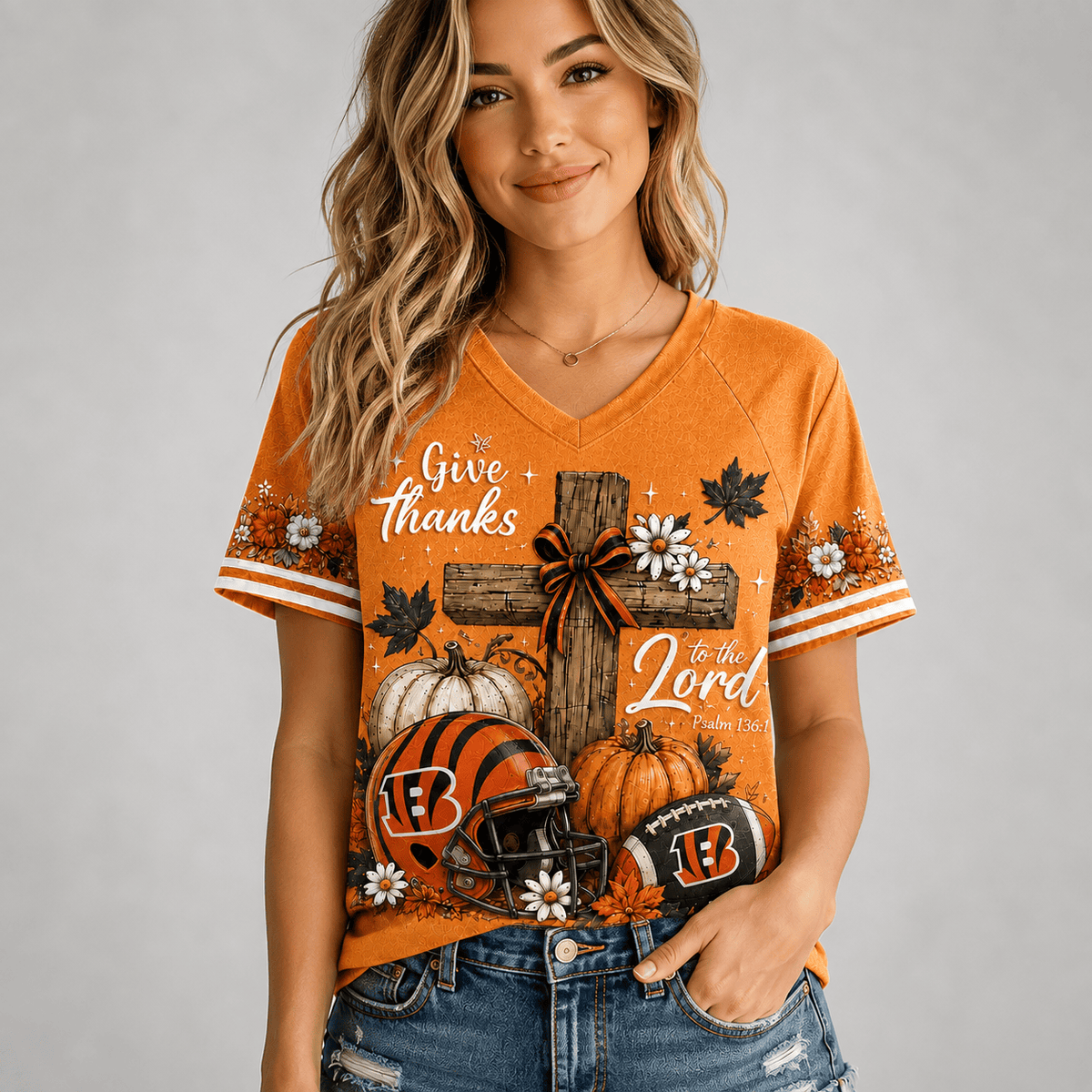 CIN Premium NFL Thanksgiving Faith And Football V-Neck Shirt