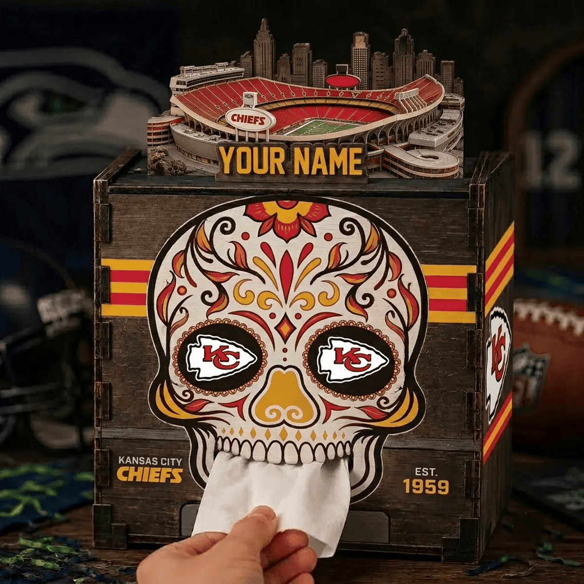 KC x NFL Personalized Wooden Tissue Box – Custom Name Gift