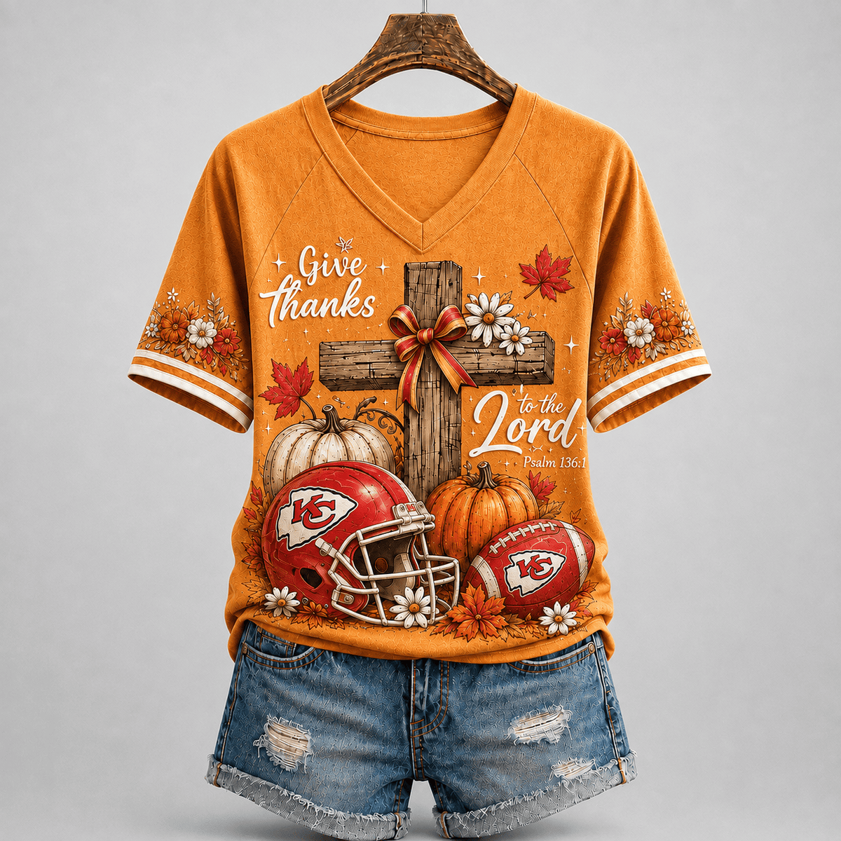 KCC Premium NFL Thanksgiving Faith And Football V-Neck Shirt