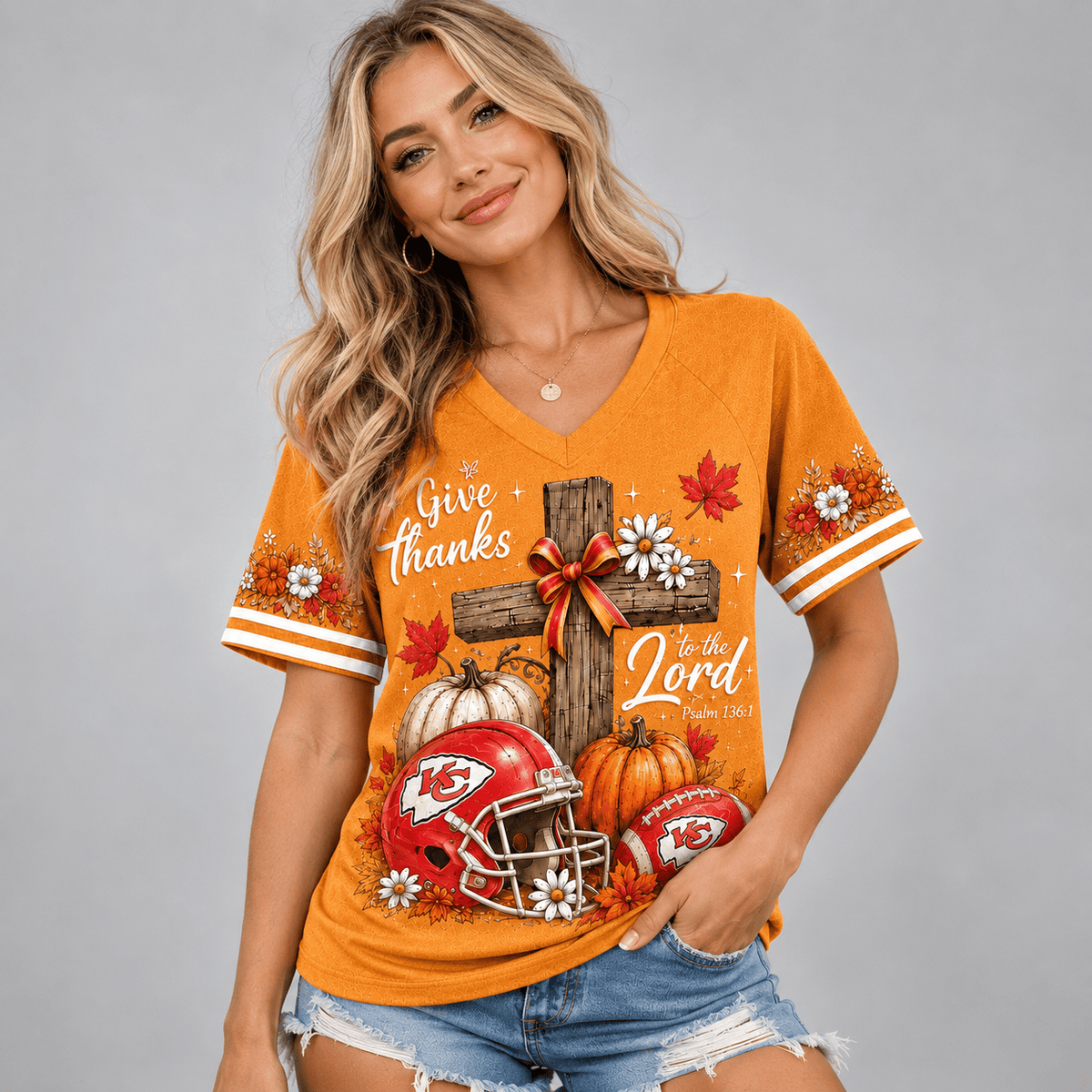 KCC Premium NFL Thanksgiving Faith And Football V-Neck Shirt
