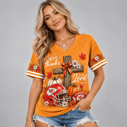KCC Premium NFL Thanksgiving Faith And Football V-Neck Shirt