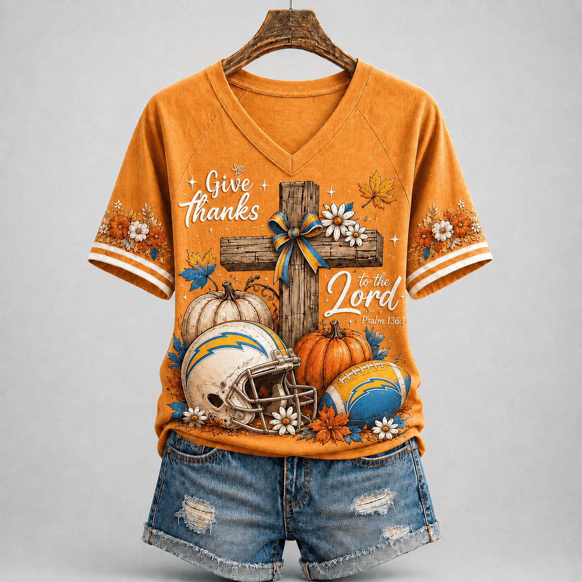 LAC Premium NFL Thanksgiving Faith And Football V-Neck Shirt