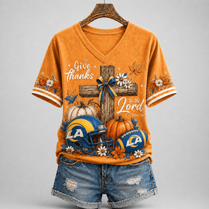 LAR Premium NFL Thanksgiving Faith And Football V-Neck Shirt