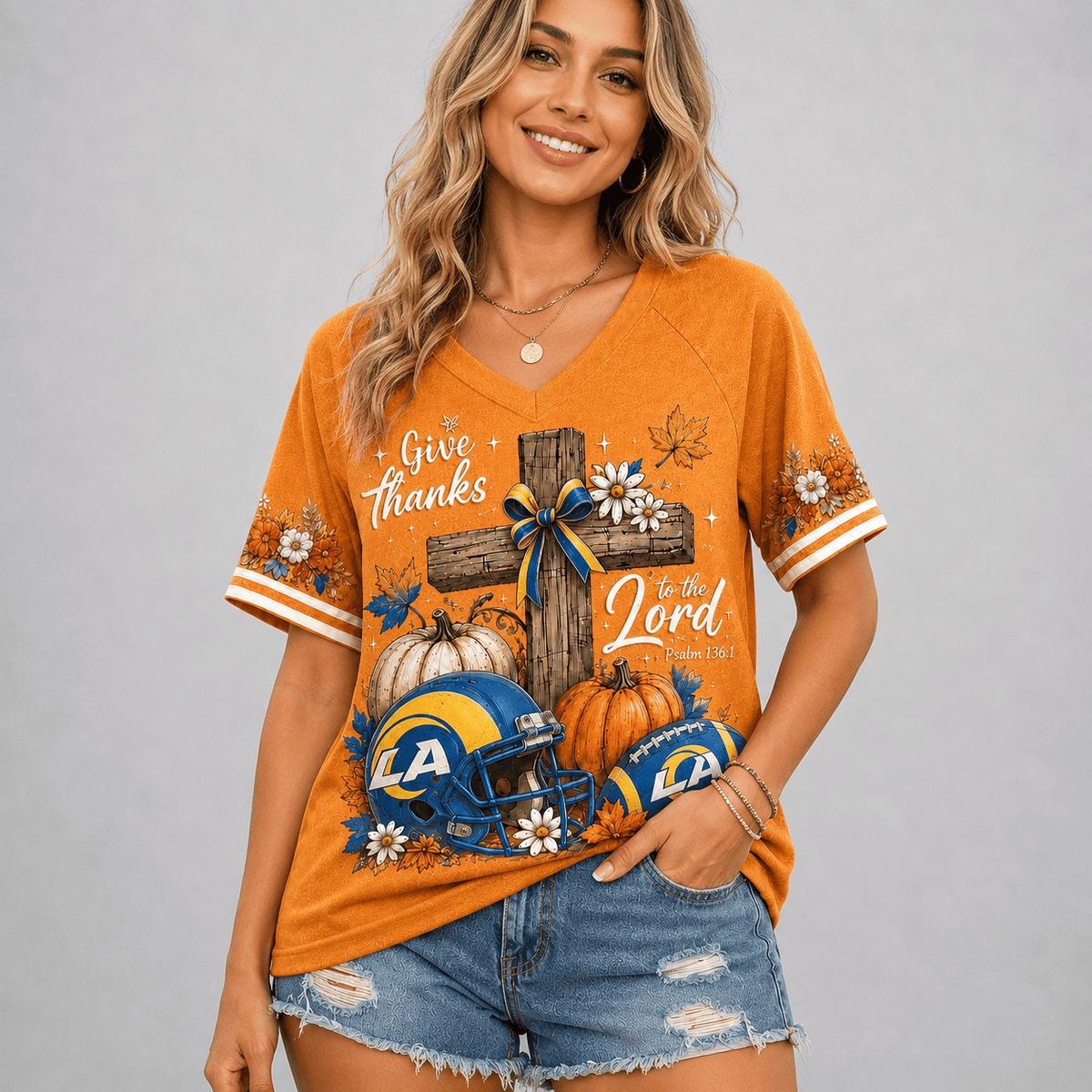 LAR Premium NFL Thanksgiving Faith And Football V-Neck Shirt