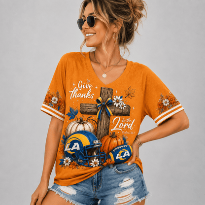 LAR Premium NFL Thanksgiving Faith And Football V-Neck Shirt