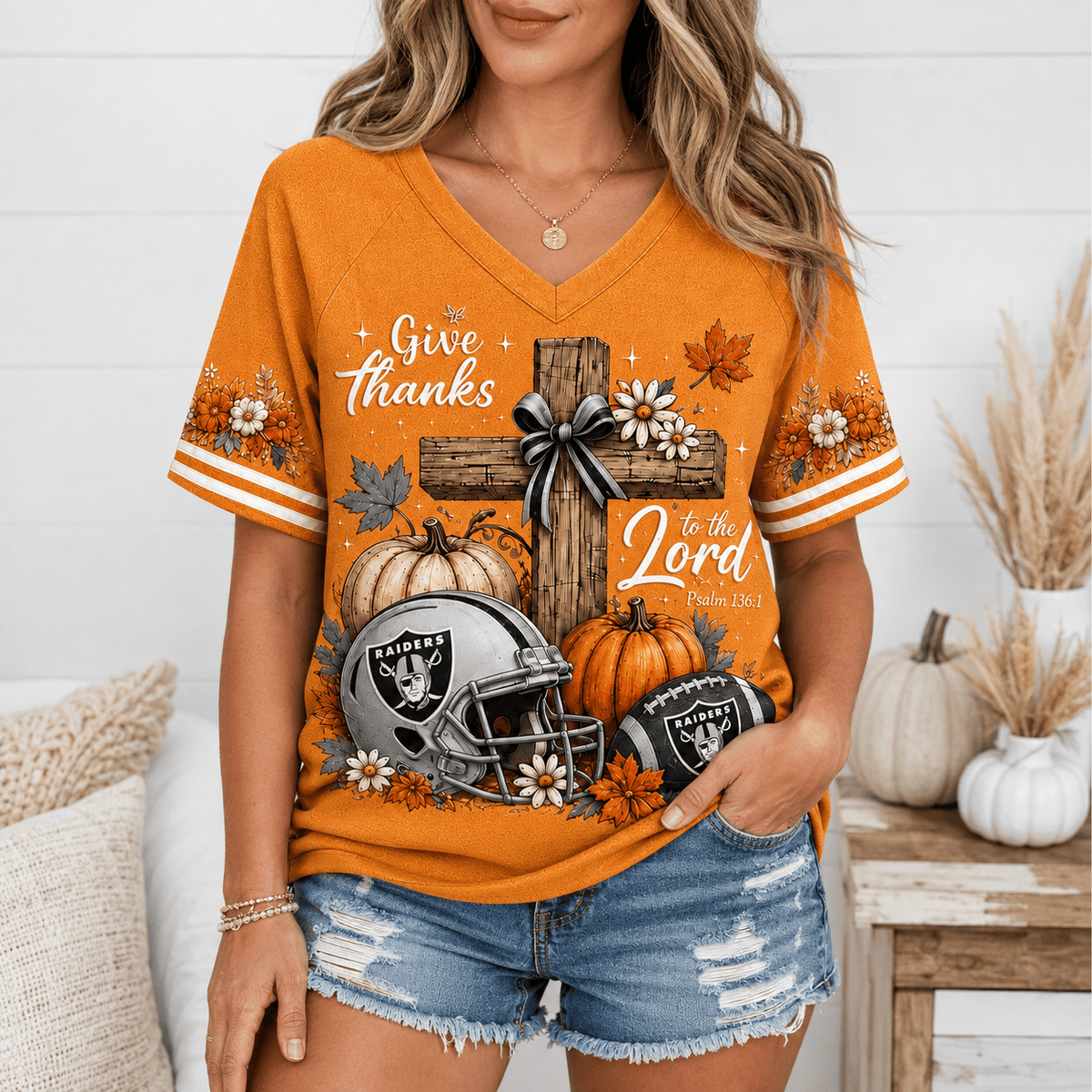 LVR Premium NFL Thanksgiving Faith And Football V-Neck Shirt