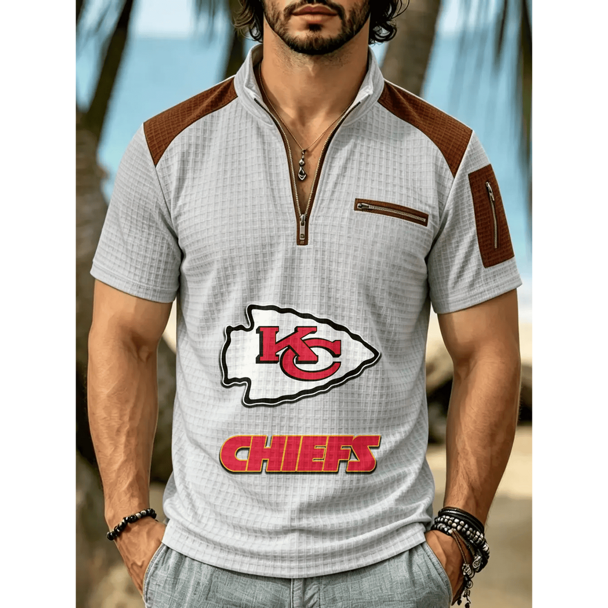 NFL x KCC Men's Quarter Zip Waffle Knit Polo Shirt
