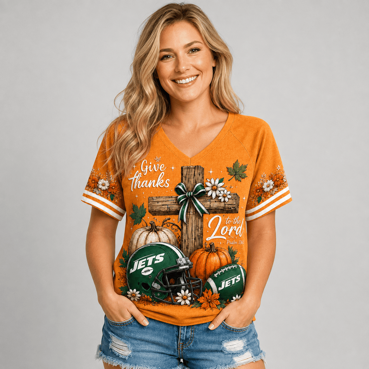 NYJ Premium NFL Thanksgiving Faith And Football V-Neck Shirt