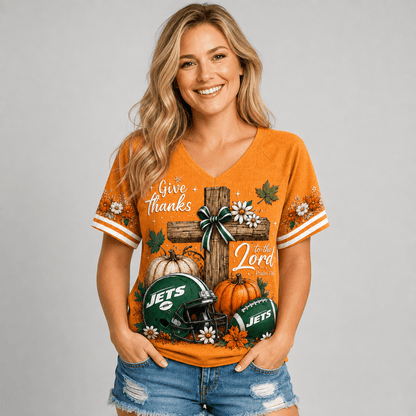 NYJ Premium NFL Thanksgiving Faith And Football V-Neck Shirt