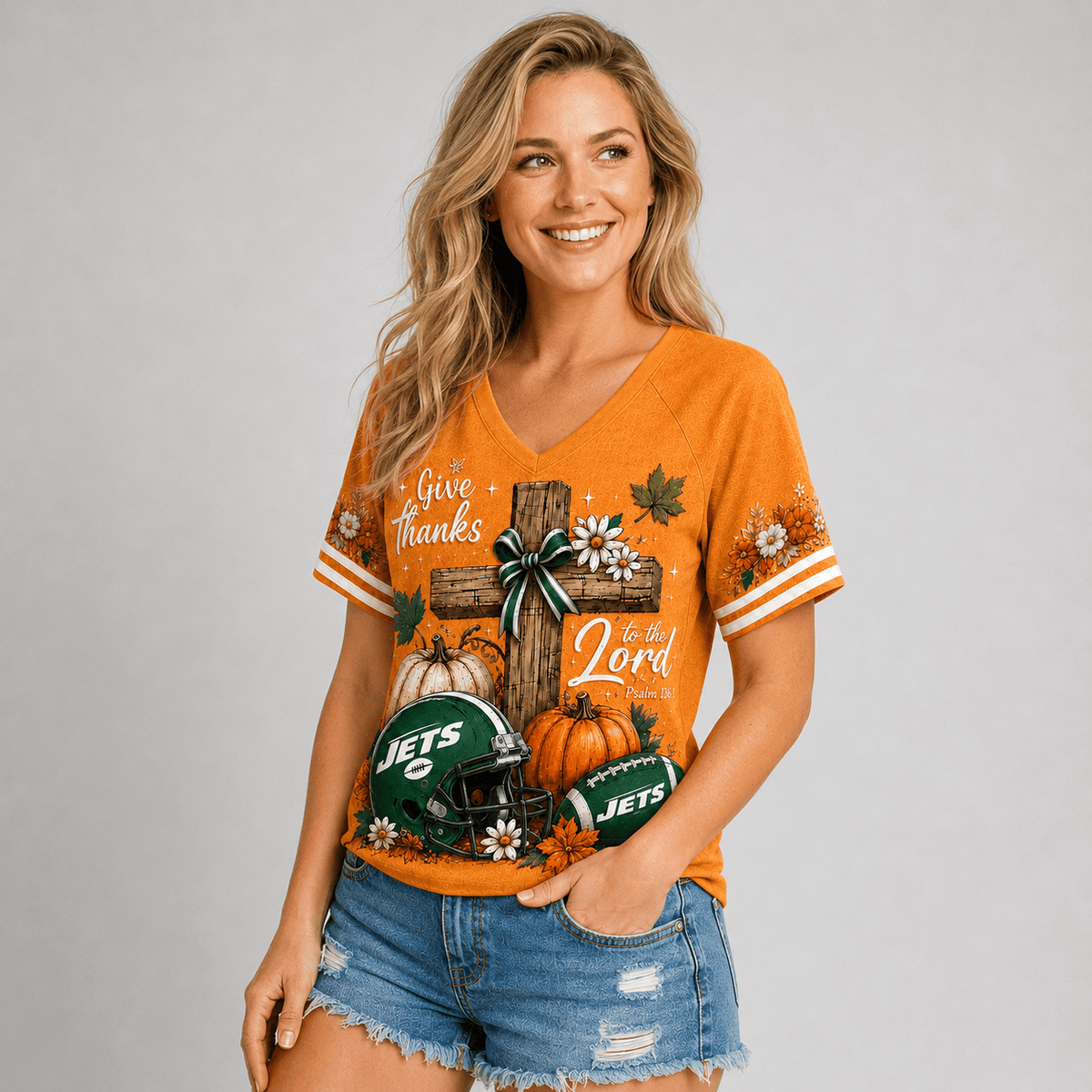 NYJ Premium NFL Thanksgiving Faith And Football V-Neck Shirt
