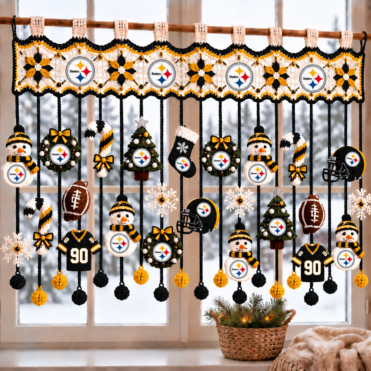 PIT x NFL Christmas Crochet Window Valance – Football Snowman Wreath Holiday Decor