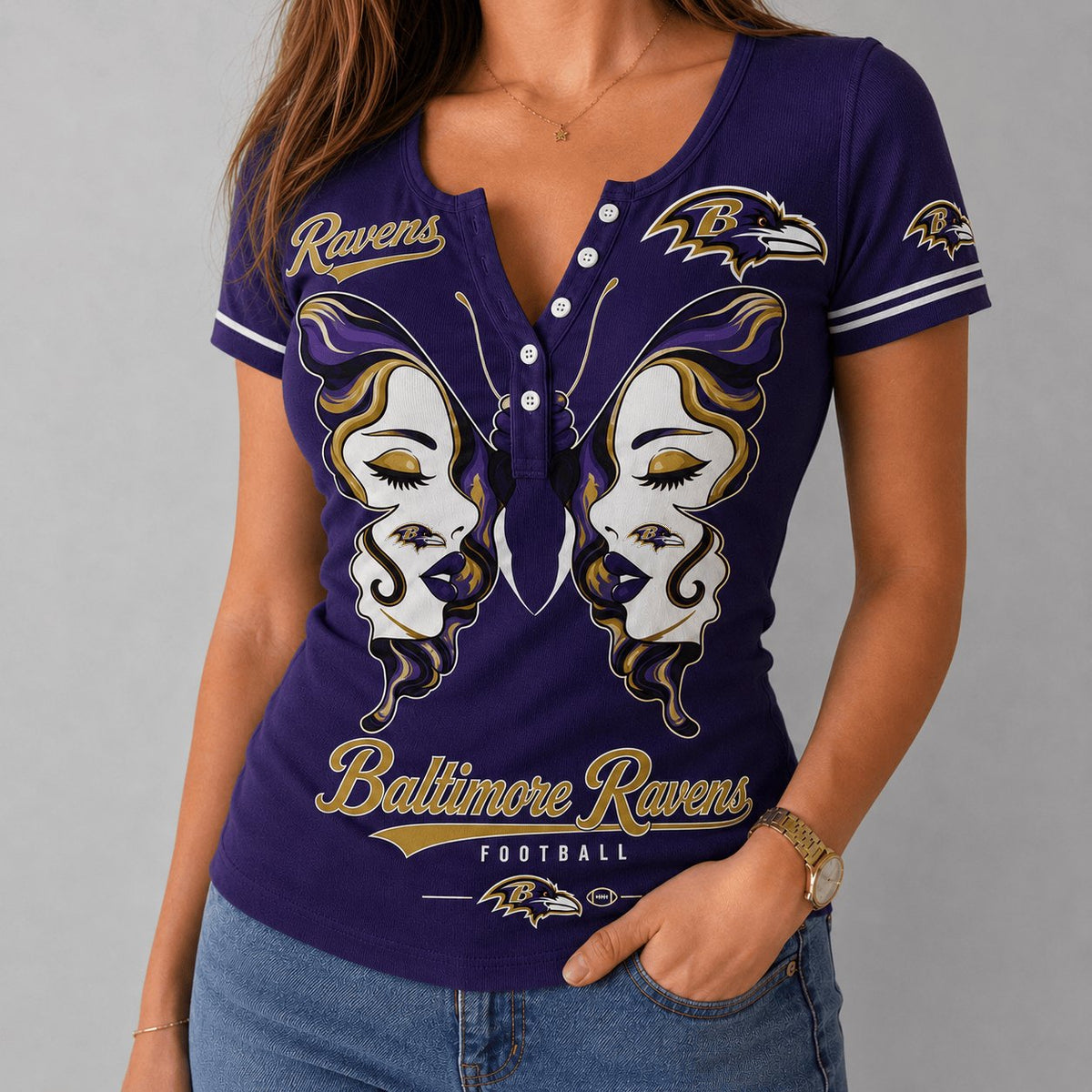 PREMIUM NFL X BAL EXCLUSIVE Butterfly Wings Button V-Neck Shirt Limited Edition