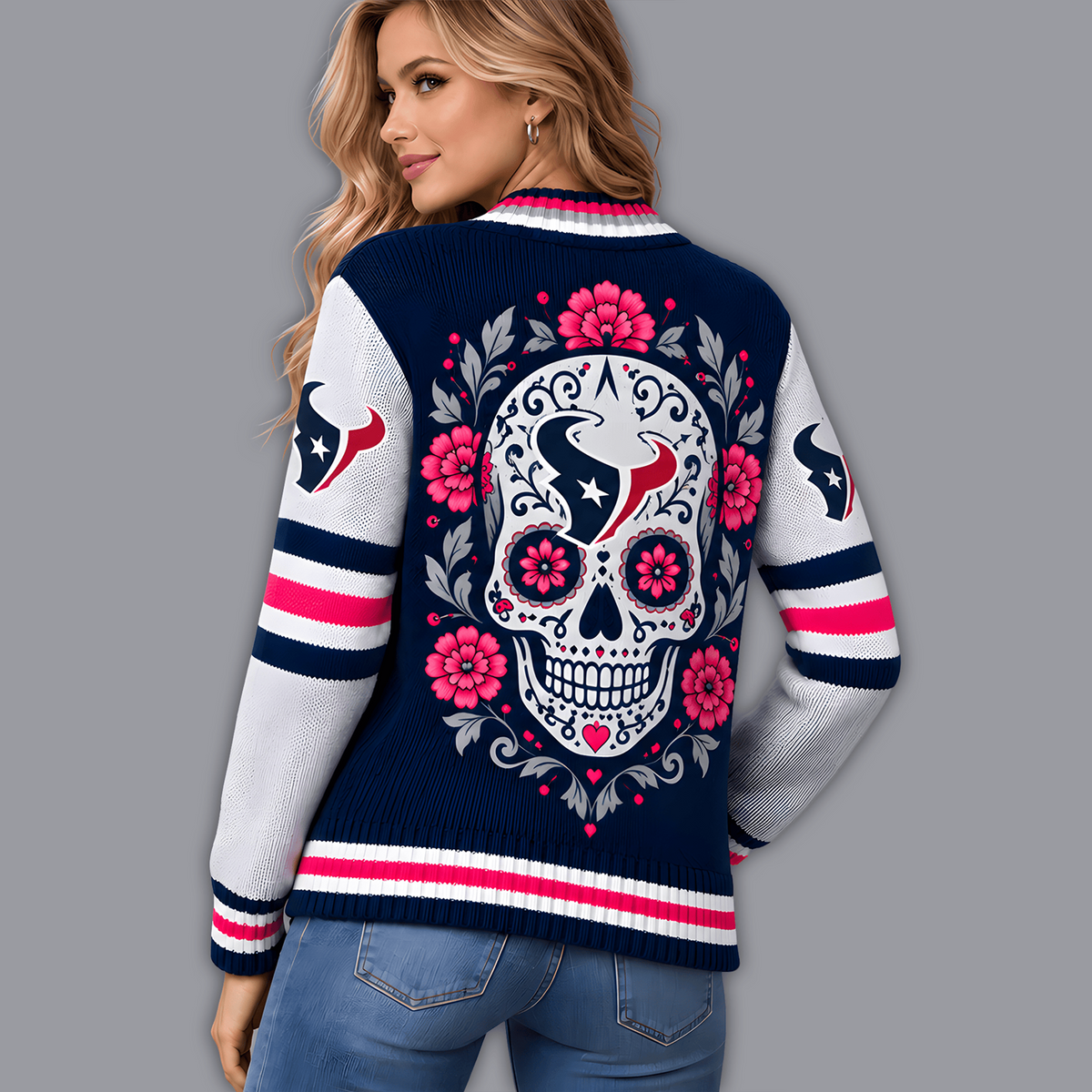 Premium NFL x HOU Floral Skull Knit Cardigan