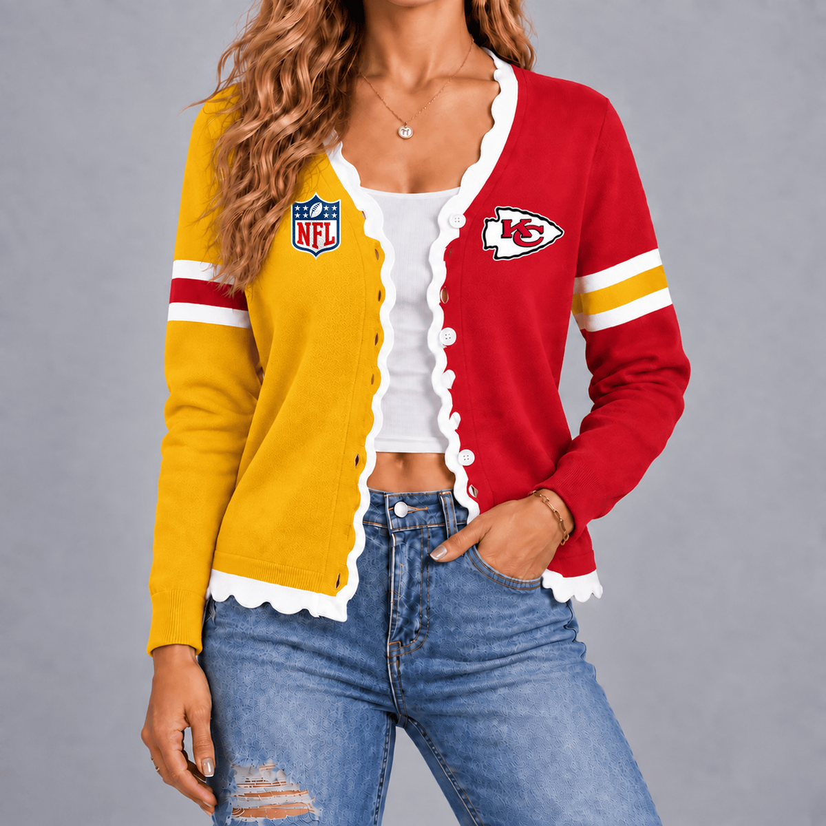 Premium NFL x KCC Varsity Stripe Button Cardigan