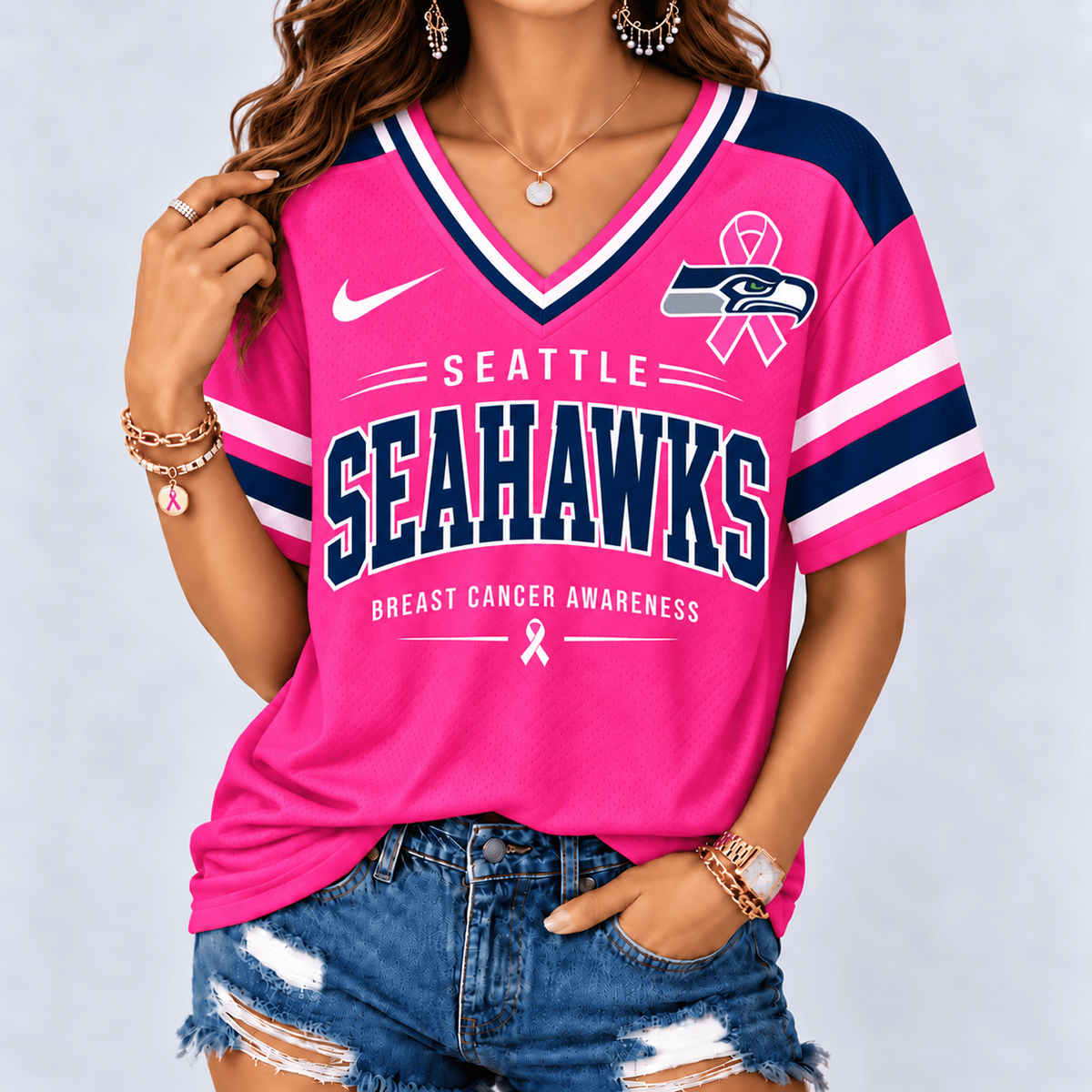 SEA x NFL Pink Breast Cancer Awareness V-neck Shirt