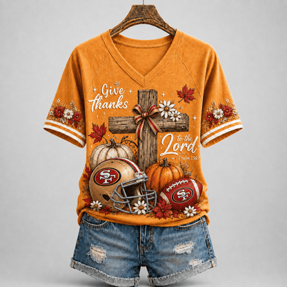 SF49 Premium NFL Thanksgiving Faith And Football V-Neck Shirt