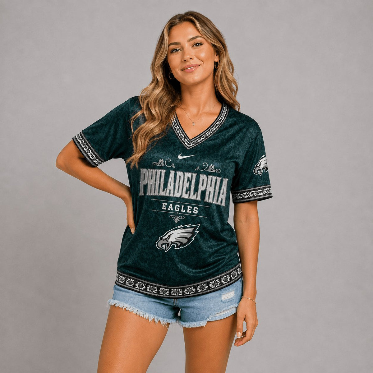 SIGNATURE NFL X PHI EXCLUSIVE WOMEN CLASSIC FLORAL SATIN SHIRT LIMITED EDITION