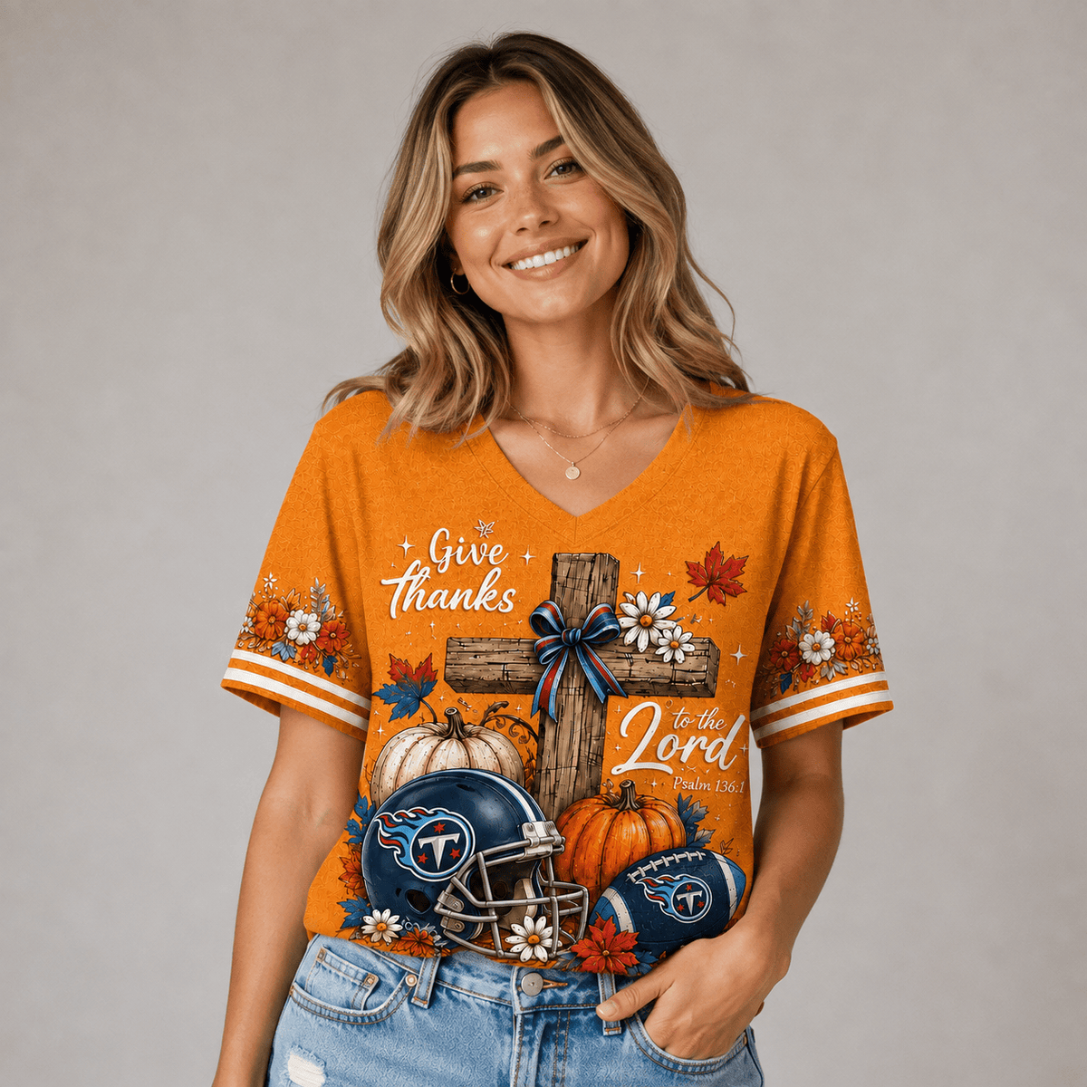 TT Premium NFL Thanksgiving Faith And Football V-Neck Shirt