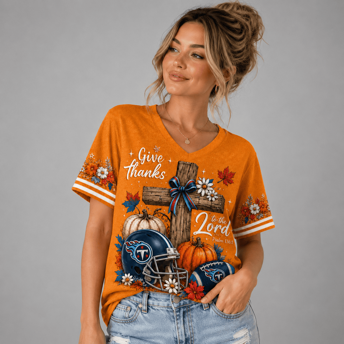 TT Premium NFL Thanksgiving Faith And Football V-Neck Shirt
