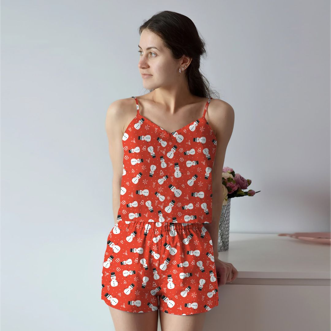 Snowman On Red Background Cami Pajama Set For Women | Pyjamas Short Set | Short PJS Set | Women Tank Top and Shorts Sleepwear Set