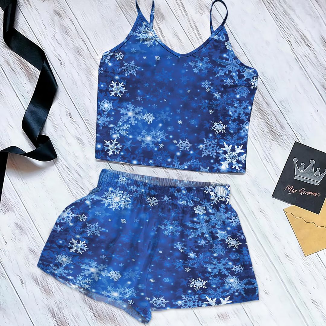 Snowflake Cami Pajama Set For Women | Pyjamas Short Set | Short PJS Set | Women Tank Top and Shorts Sleepwear Set