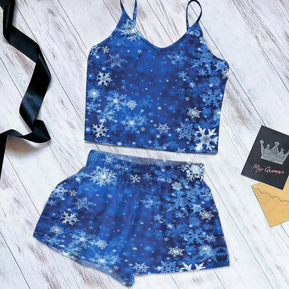 Snowflake Cami Pajama Set For Women | Pyjamas Short Set | Short PJS Set | Women Tank Top and Shorts Sleepwear Set