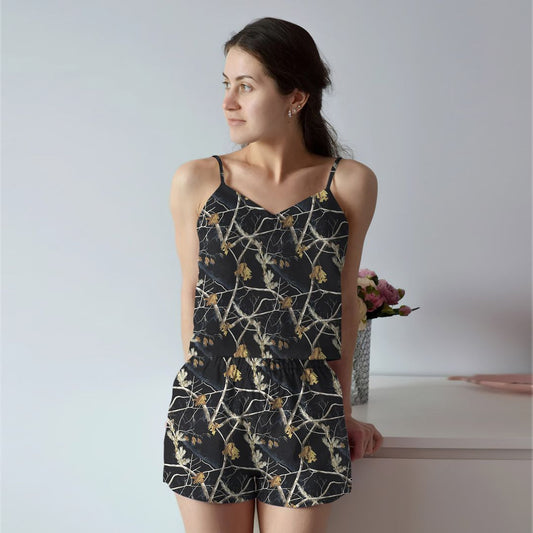 Snow And Black Camo Cami Pajama Set For Women | Pyjamas Short Set | Short PJS Set | Women Tank Top and Shorts Sleepwear Set