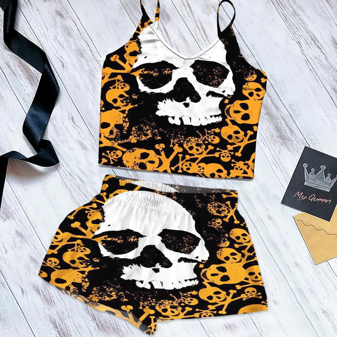 Skull Cami Pajama Set For Women | Pyjamas Short Set | Short PJS Set | Women Tank Top and Shorts Sleepwear Set