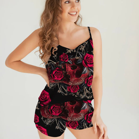 Skull Cami Pajama Set For Women | Pyjamas Short Set | Short PJS Set | Women Tank Top and Shorts Sleepwear Set